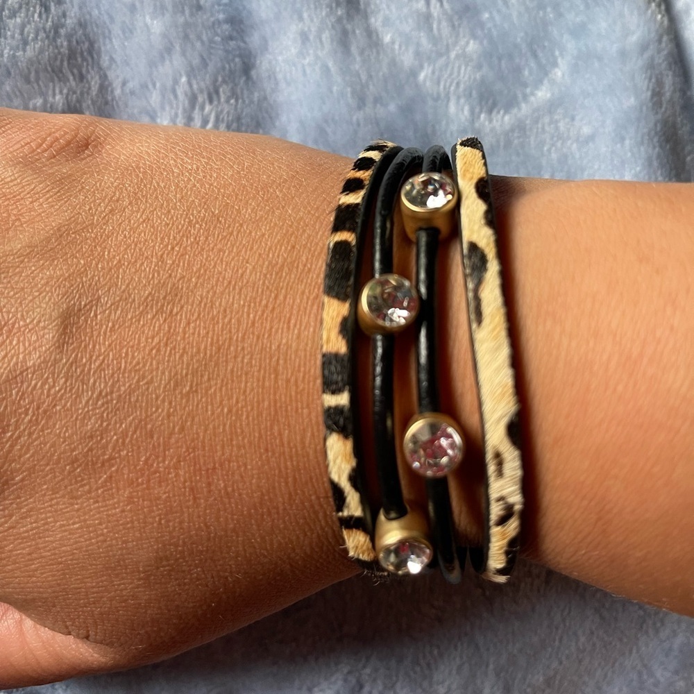 Leopard Print Leather Bracelet with Crystals